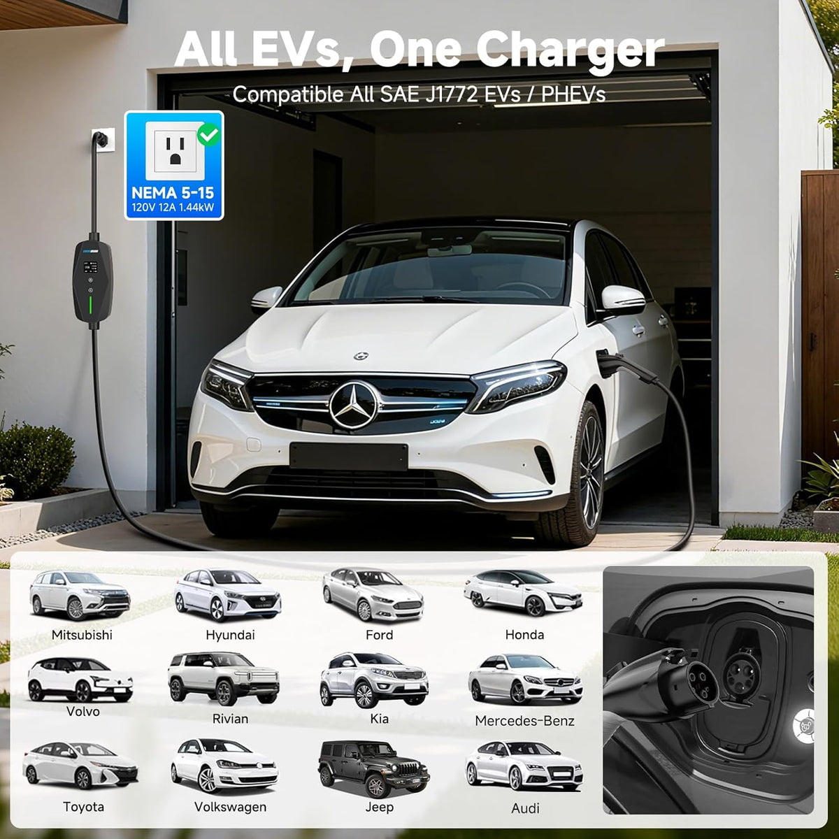 Level 1&2 EV Charger -16Amp Adjustable Current Home Charging Station with...