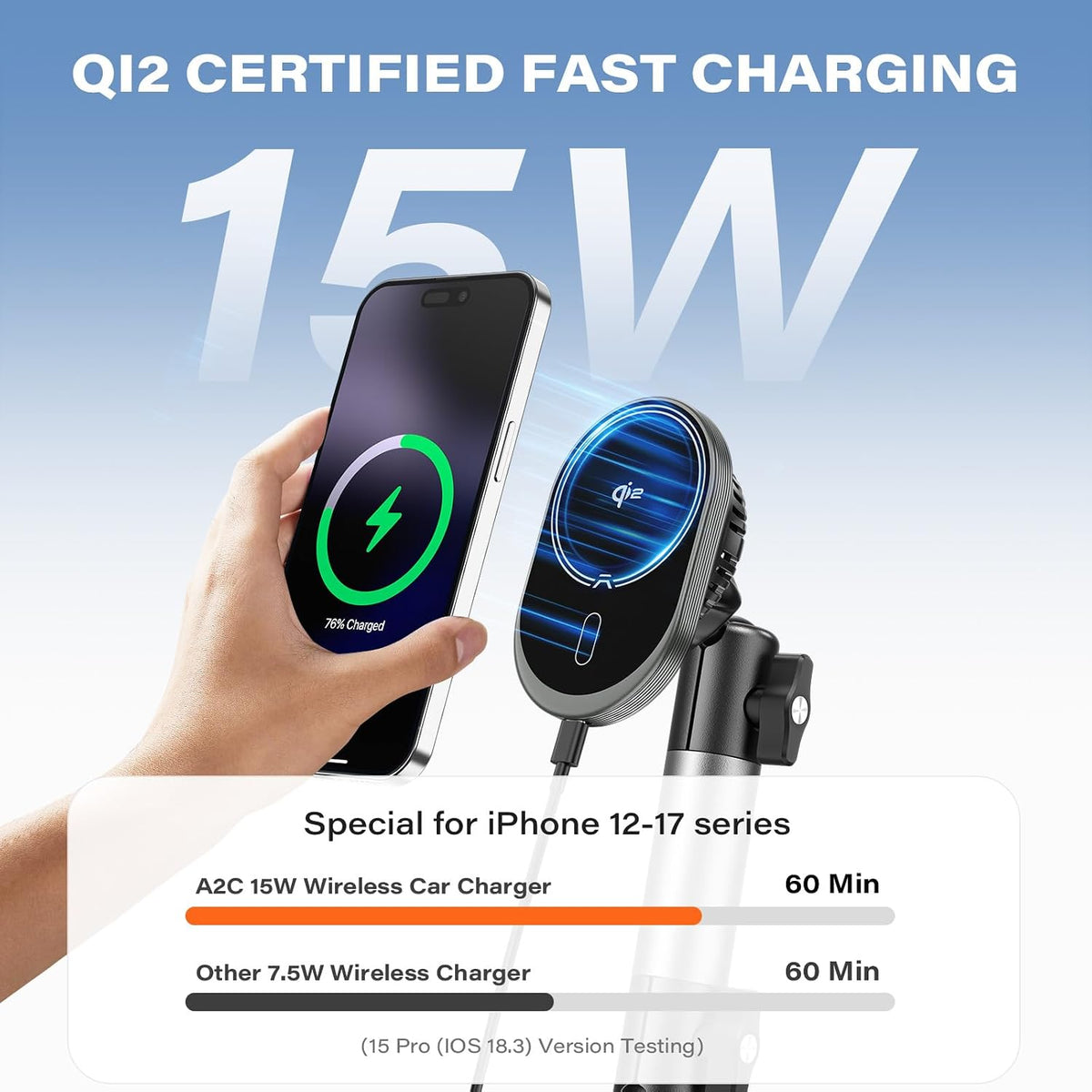 A2C for MagSafe Car Mount Charger, QI2 15W Cup Holder Phone Charger