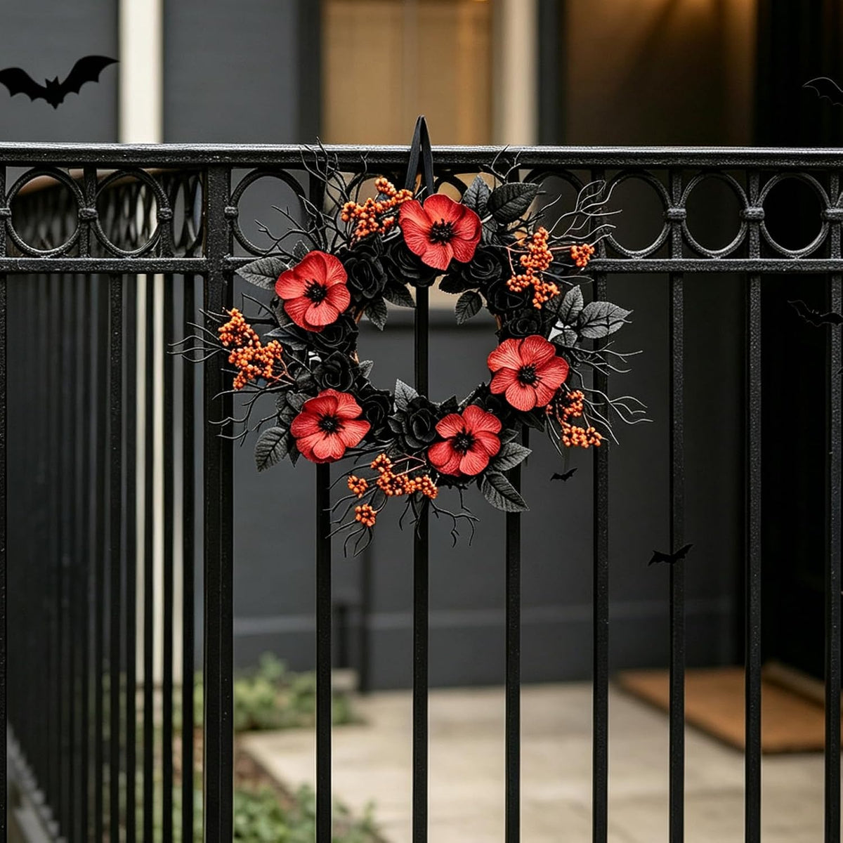 TEMPUS Halloween Wreath Set, 18 Inch, Black Rose and Poppy Berry, Handmade, f...
