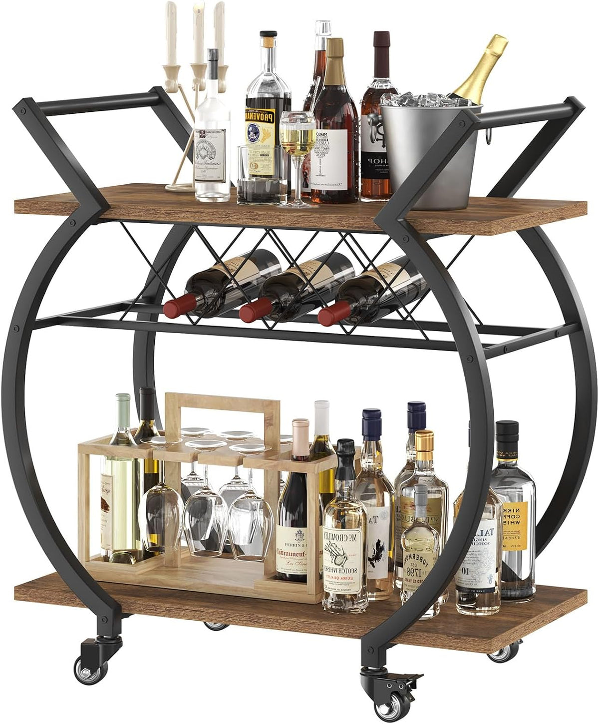 LVB Industrial Bar Cart, Beverage Serving Cart with Wheels, Rustic Brown