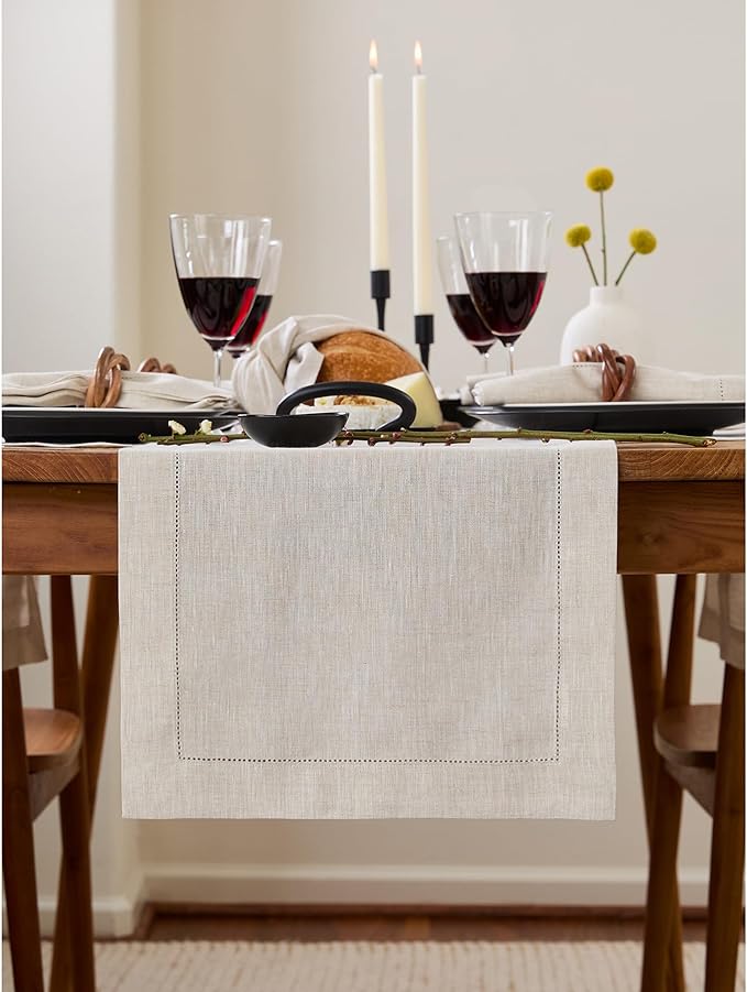 Solino Home Linen Light Natural Table Runner 60 Inches - Classic Hemstitch, 1...