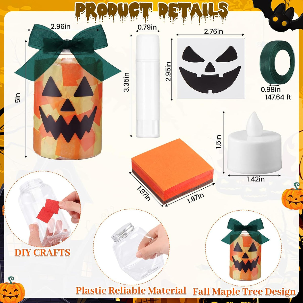 Qinyoung 12 Pcs Halloween Jack-o-lantern Crafts Pumpkin Mason Jars with LED
