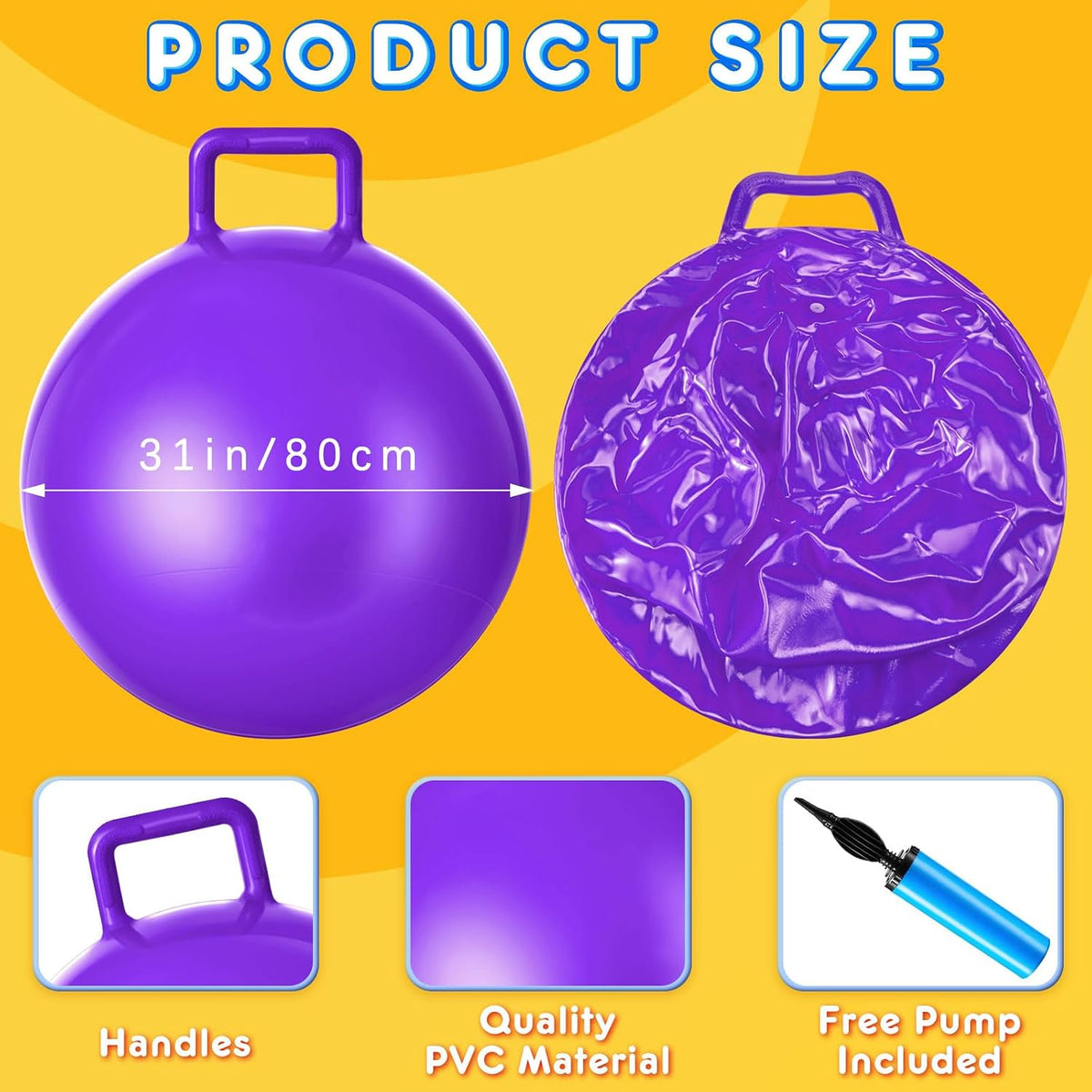 Lewtemi 2 Pcs 31 Inch Big Bouncing Ball with Handle Jumping Hopper Bouncy Bal...