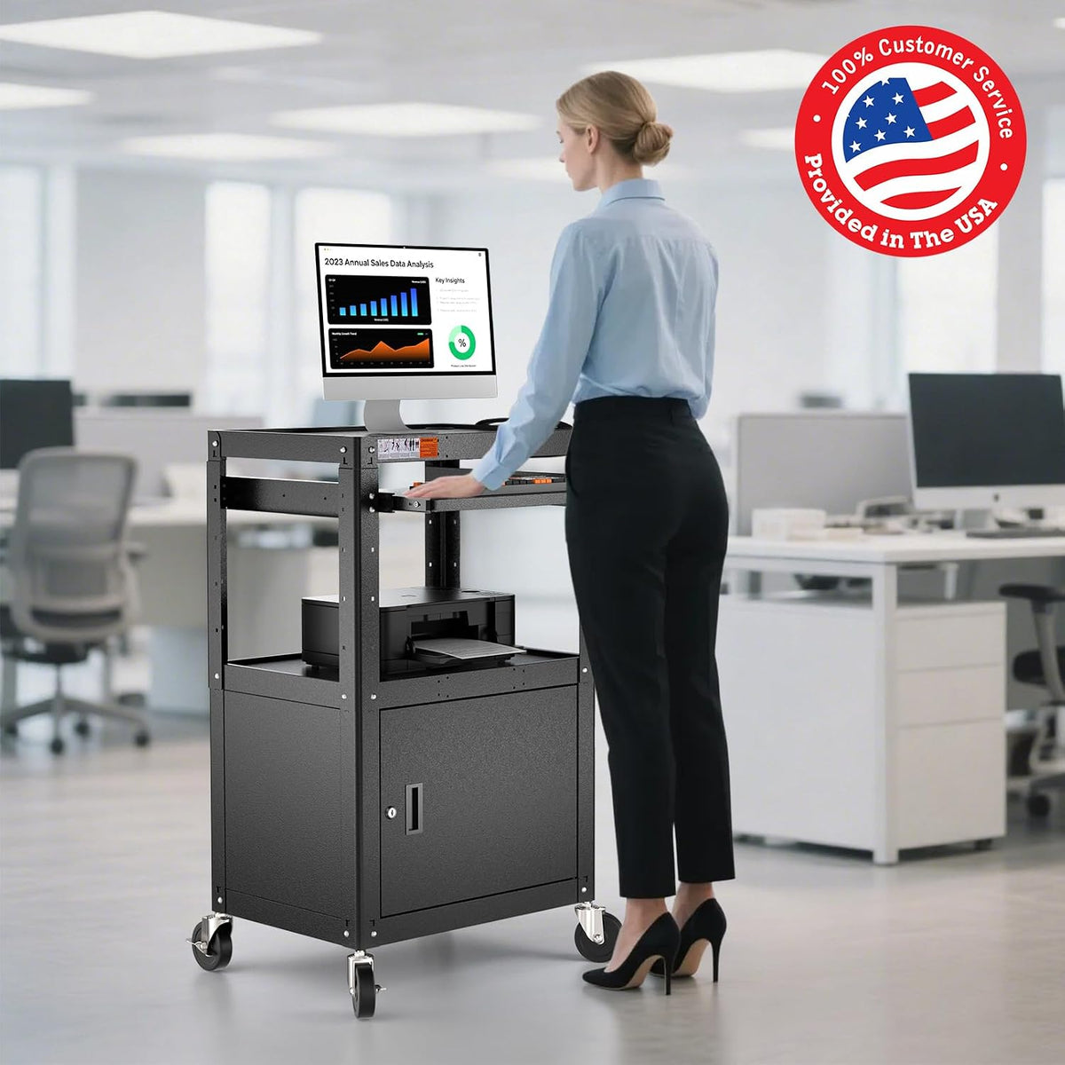 POCHAR Steel Large AV Cart with Locking Cabinet - Adjustable Height Media Car...