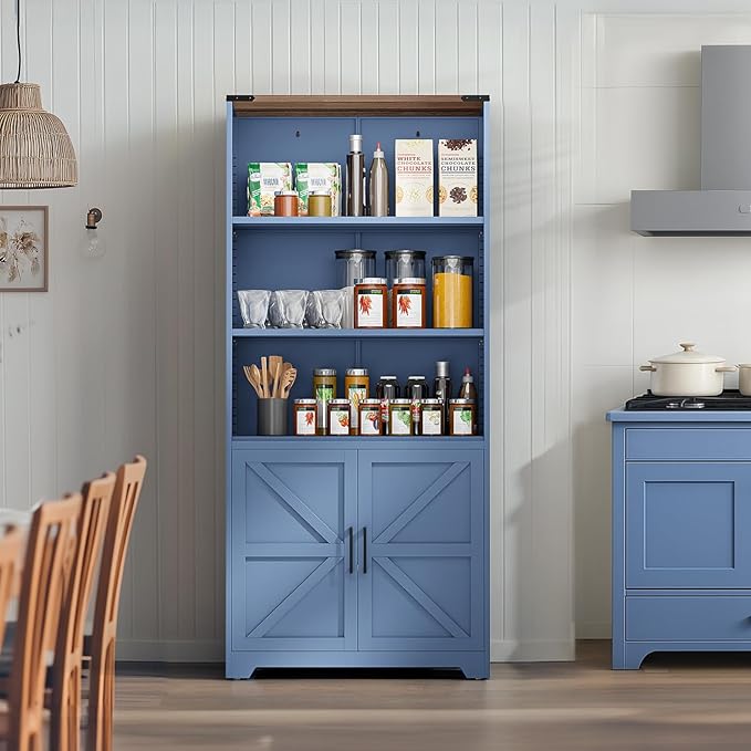 VINGLI Blue Bookcase with Doors and Adjustable Shelves, Steel 70" Tall - Image 9