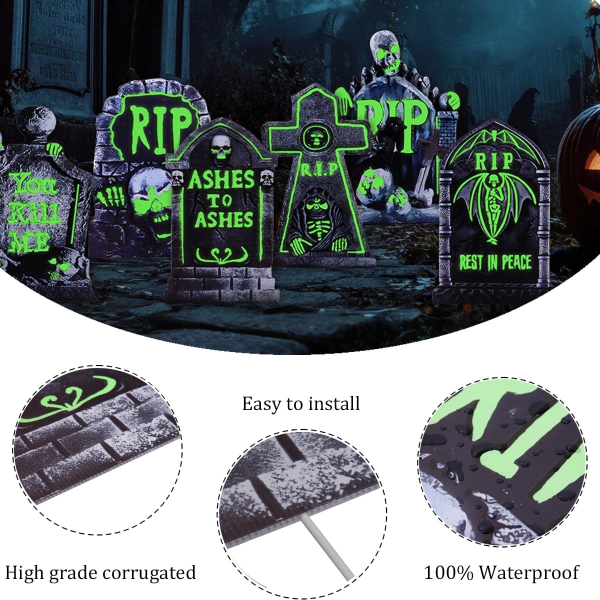 Halloween Decorations Outdoor Tombstone Yard Sign with Stakes 6PCS Glow in th...