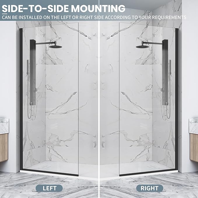 Matte Black Bathroom Shower Glass Door Panel, 5/16" Thick Clear Tempered Glass - Image 6