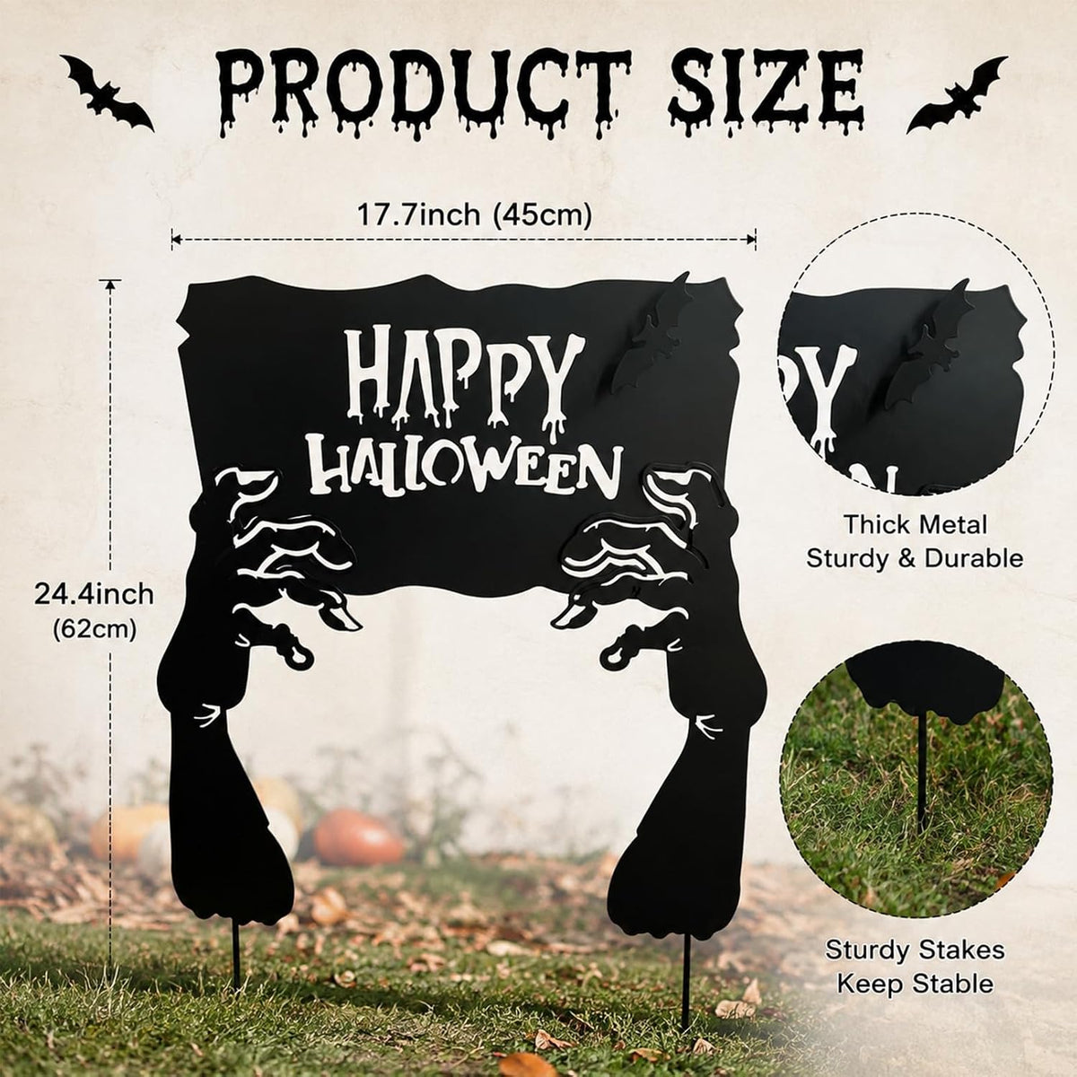 Metal Hand Happy Halloween Garden Stakes๏ผDecorative Scary Yard Stakes
