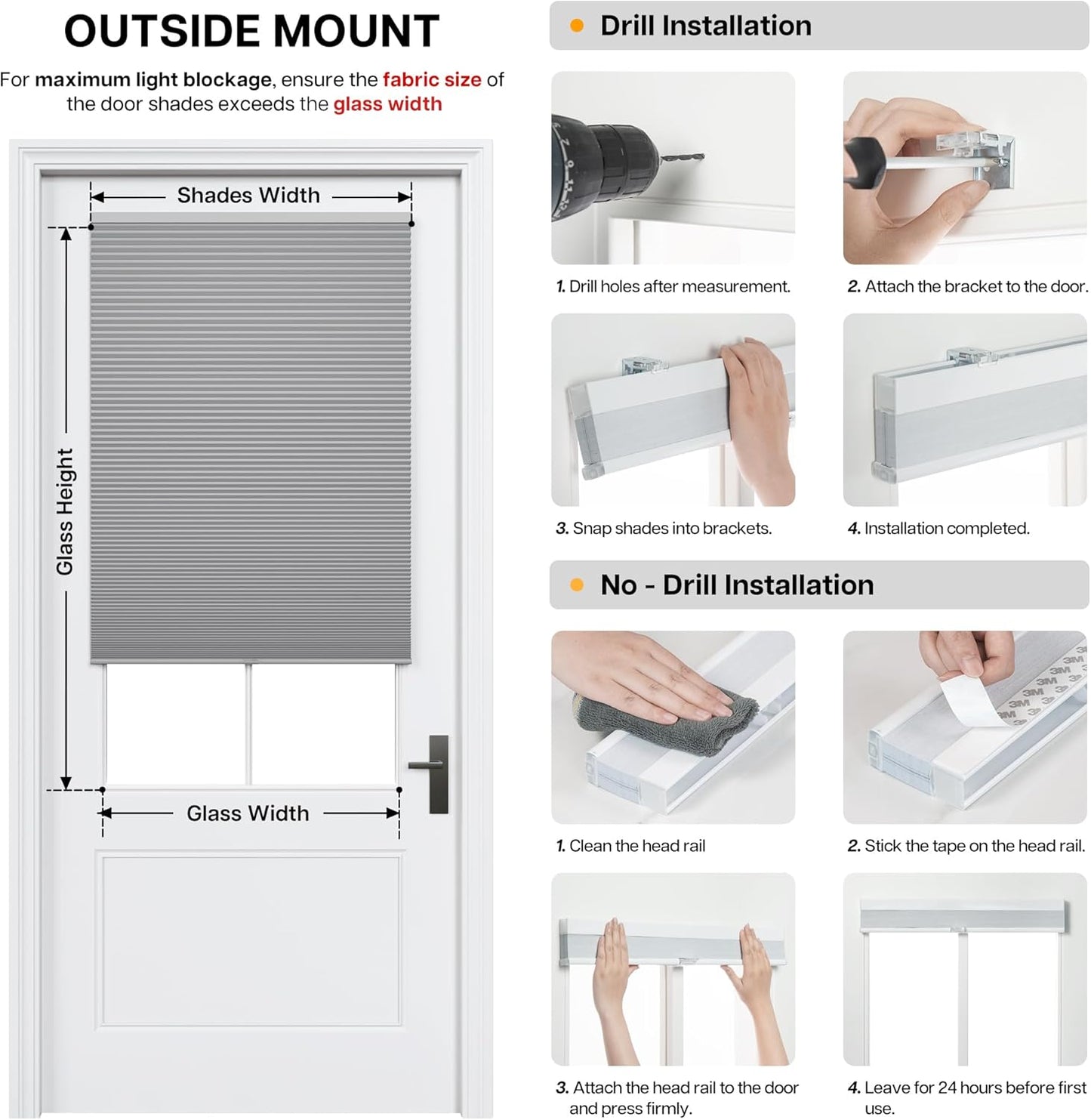 LazBlinds No Drill Cordless Cellular Shades for Doors, 22" W x 78" H, White | Light Filtering Fabric, With Thermal Insulation & Noise Reduction, for Sliding Doors Front Door Patio, 1 Pack