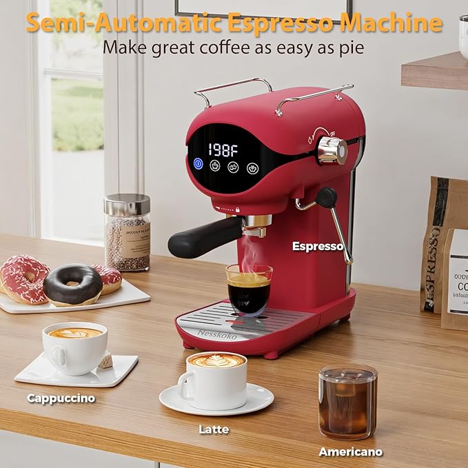 Espresso Machine with Steam Milk Frother Semi Automatic 20 Bar Compact Red with - Image 6