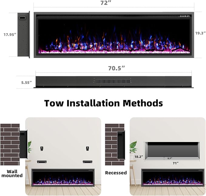 72'' Luxury Electric Fireplace – Wall Mounted & Recessed, Ultra-Slim Design - Image 7