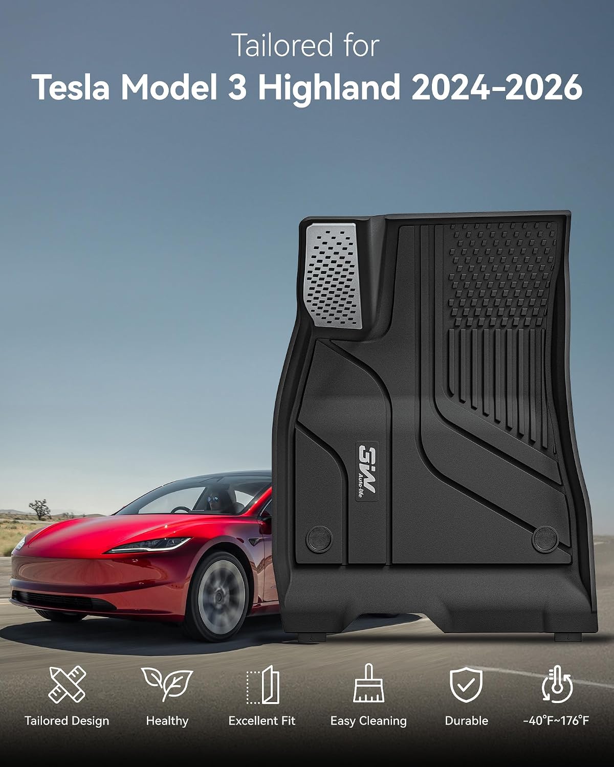 3W Floor Mats with Metal Pedal for Tesla Model 3 Highland 2024-2026