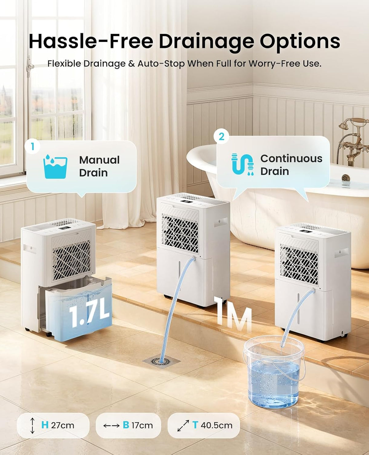 34 Pint/Day Dehumidifier for Basement with Drain Hose, 2500 Sq.Ft, 35dB