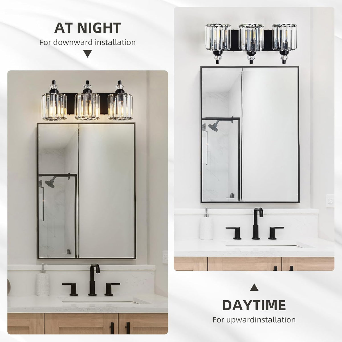 3-Light Black Bathroom Light Fixtures Over Mirror Modern Vanity Lights Crysta...