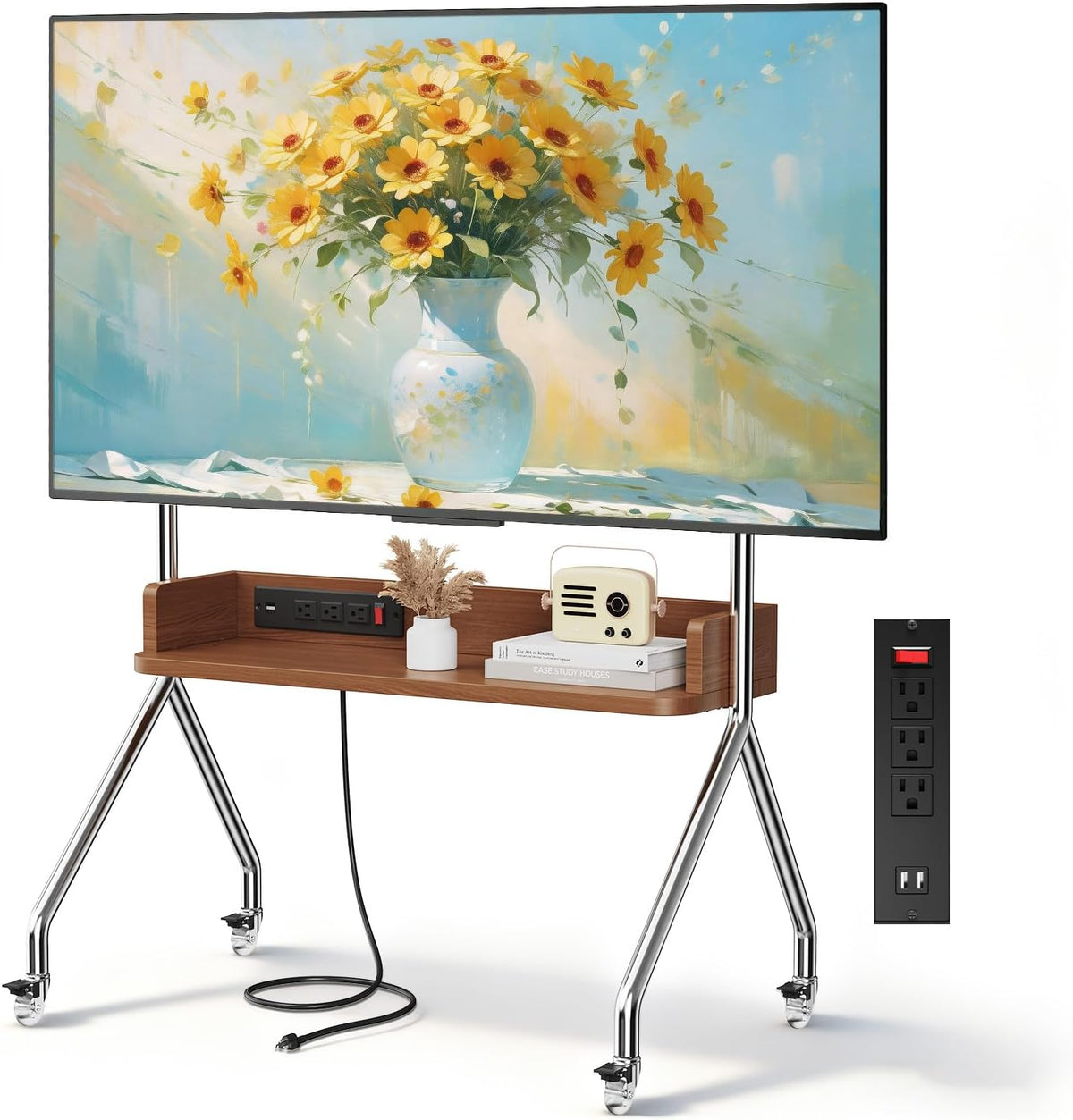 Rolling TV Stand with Power Outlet & Wooden Shelf,Stainless Steel Mobile ...