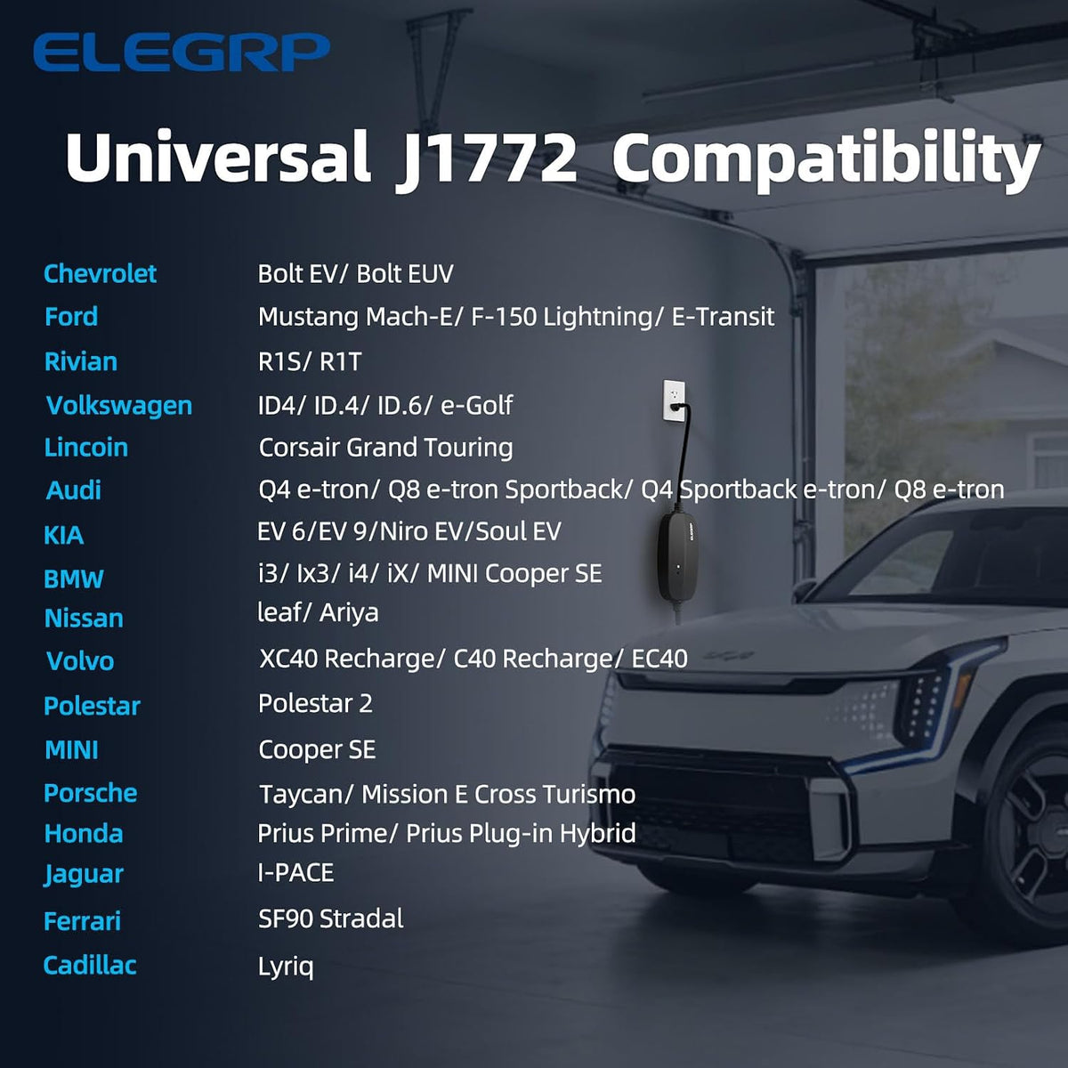 ELEGRP Level 1/2 EV Charger, 16 Amp, Portable J1772 Charger, 25FT Cable, NEMA...