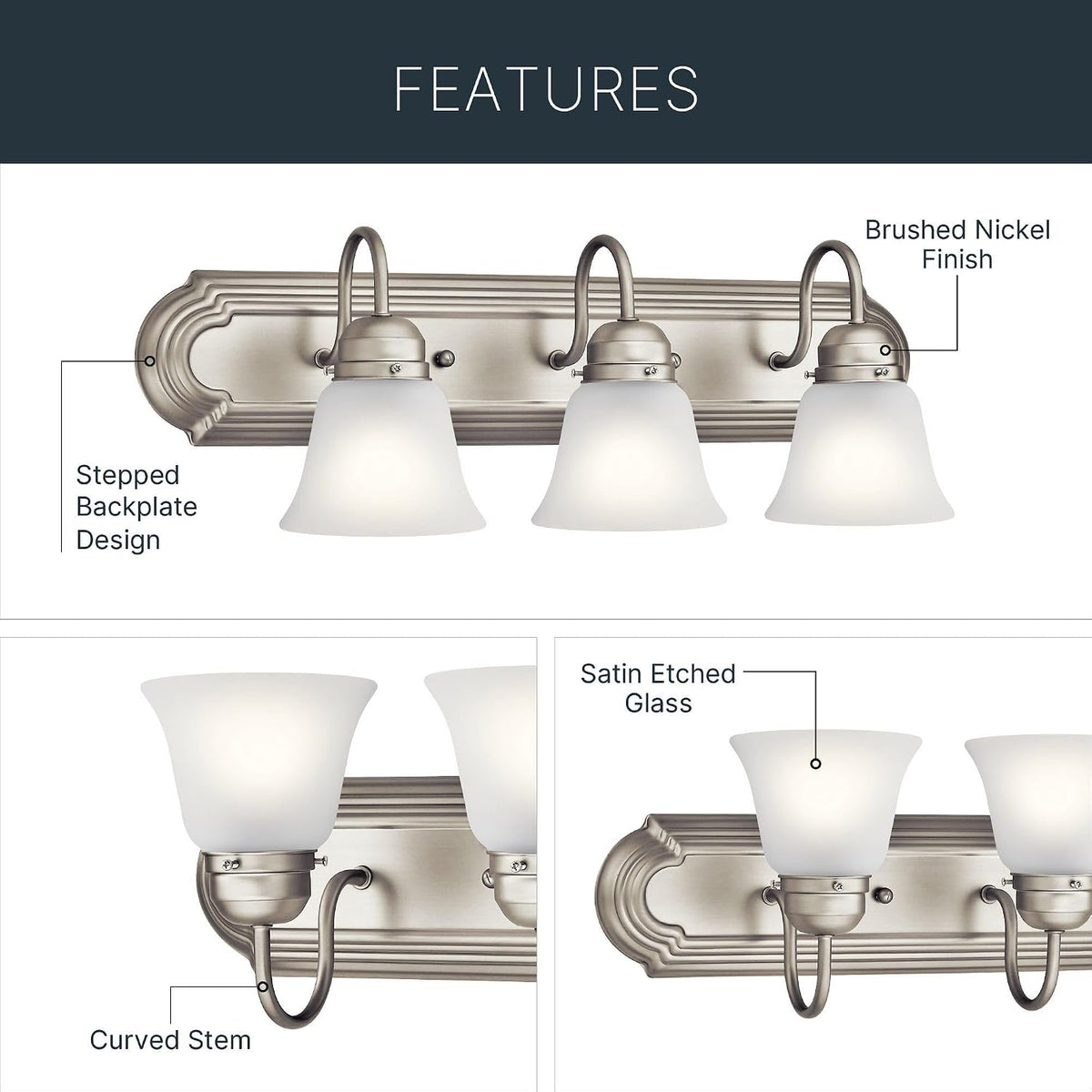 Kichler 3-Light Bathroom Vanity Light, Brushed Nickel