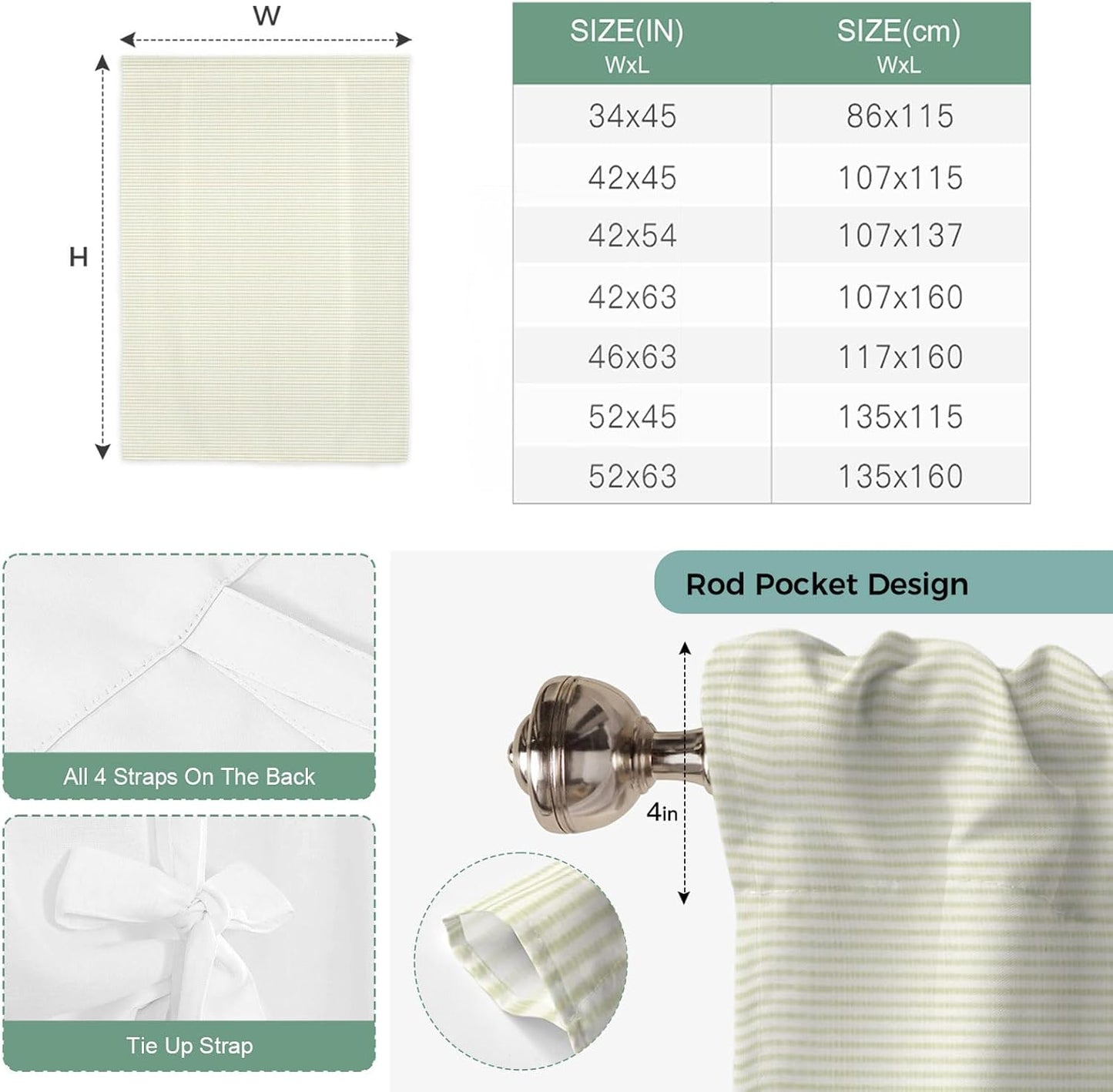 Beige Stripes Seamless Tie Up Curtains for Windows, Modern Minimalist Art Rod Pocket Window Shade Adjustable Balloon Curtain Valance for Bedroom Kitchen Bathroom Blinds 34x45in