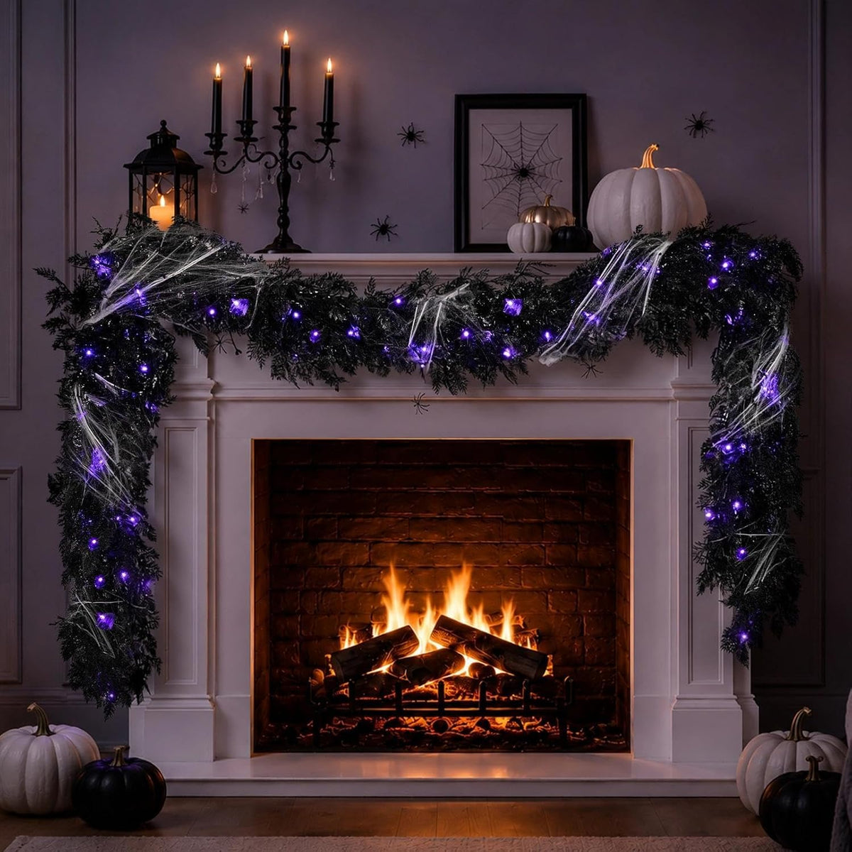Pre-lit Halloween Garland Decorations Black Real Touch Cedar Cypress with Ber...