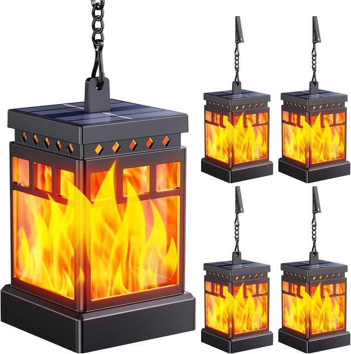 KOOPER Hanging Solar Lanterns Outdoor Waterproof, 4PCS Flickering Flame Hanging Solar Lights for Outside, Outdoor Solar Lanterns up to 12 Hours, Halloween Lanterns Decorative for Patio Yard Garden