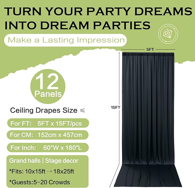 PartyVillage 60ftร15ft Black Backdrop Curtain for Halloween Parties, 12 Panel...