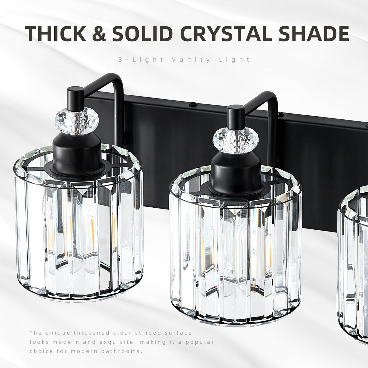 3-Light Black Bathroom Light Fixtures Over Mirror Modern Vanity Lights Crysta...