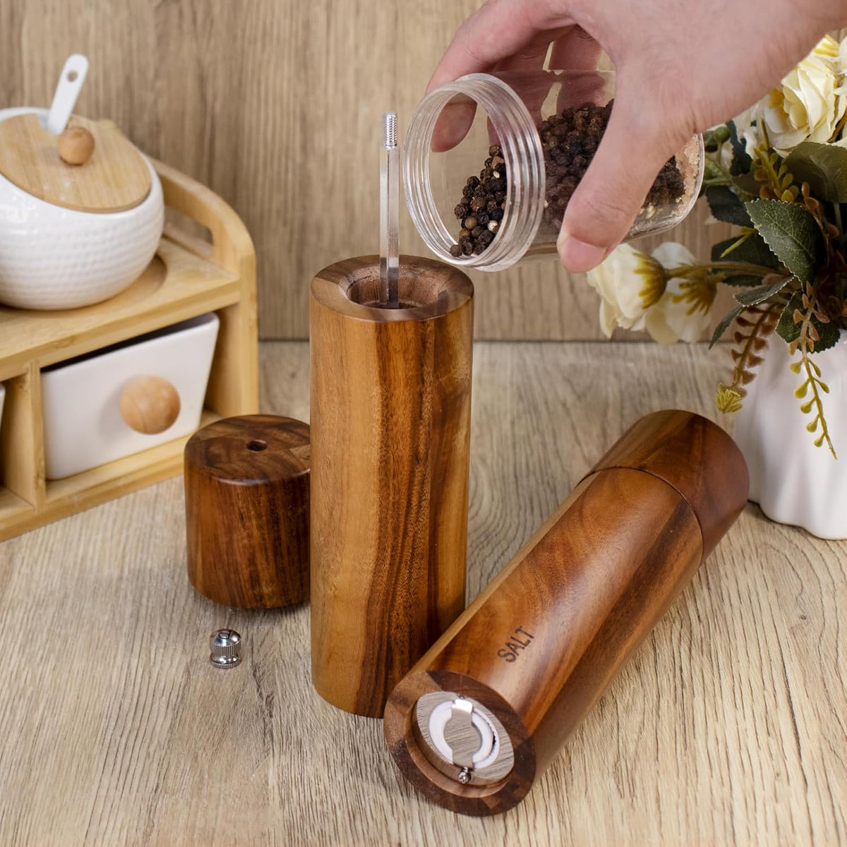 XWXO 2 Pack Acacia Wooden Salt and Pepper Grinder Set 8 Inches Refillable
