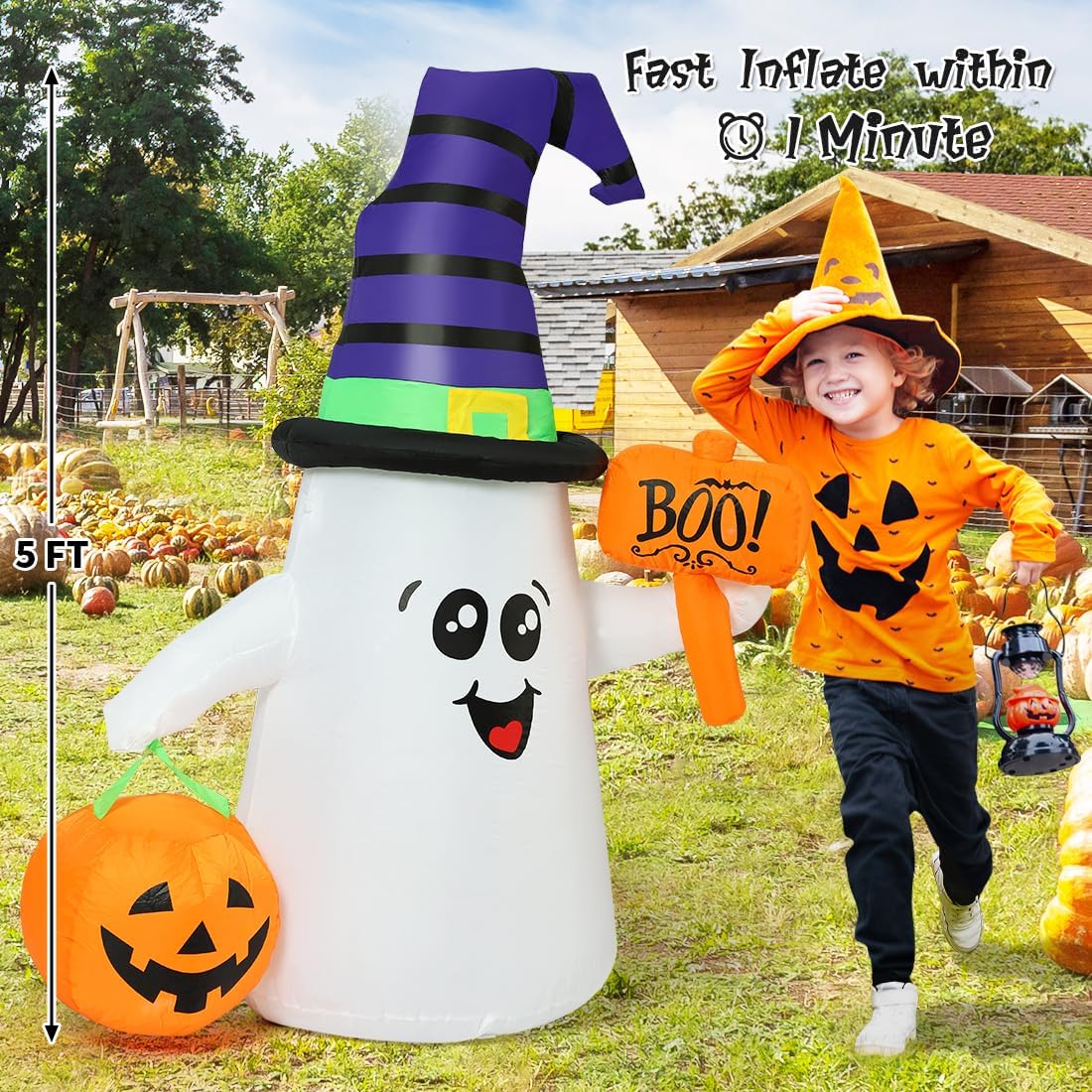 GOOSH 5 FT Halloween Inflatables Ghost Outdoor Decorations Blow Up Yard Cute ...