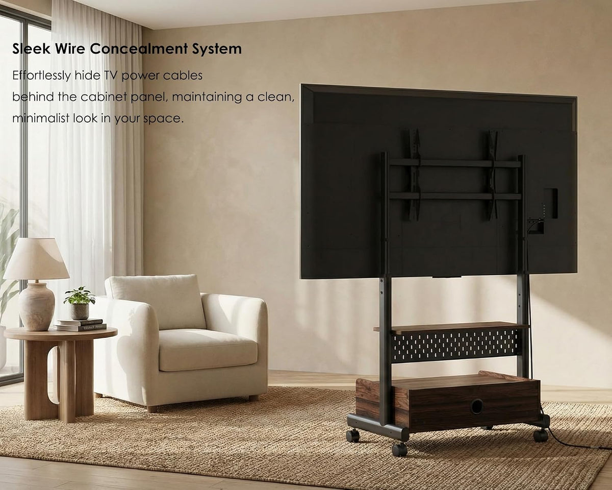 FITUEYES Rolling TV Floor Stand for 40-85in TVs, Height-Adjustable, Walnut