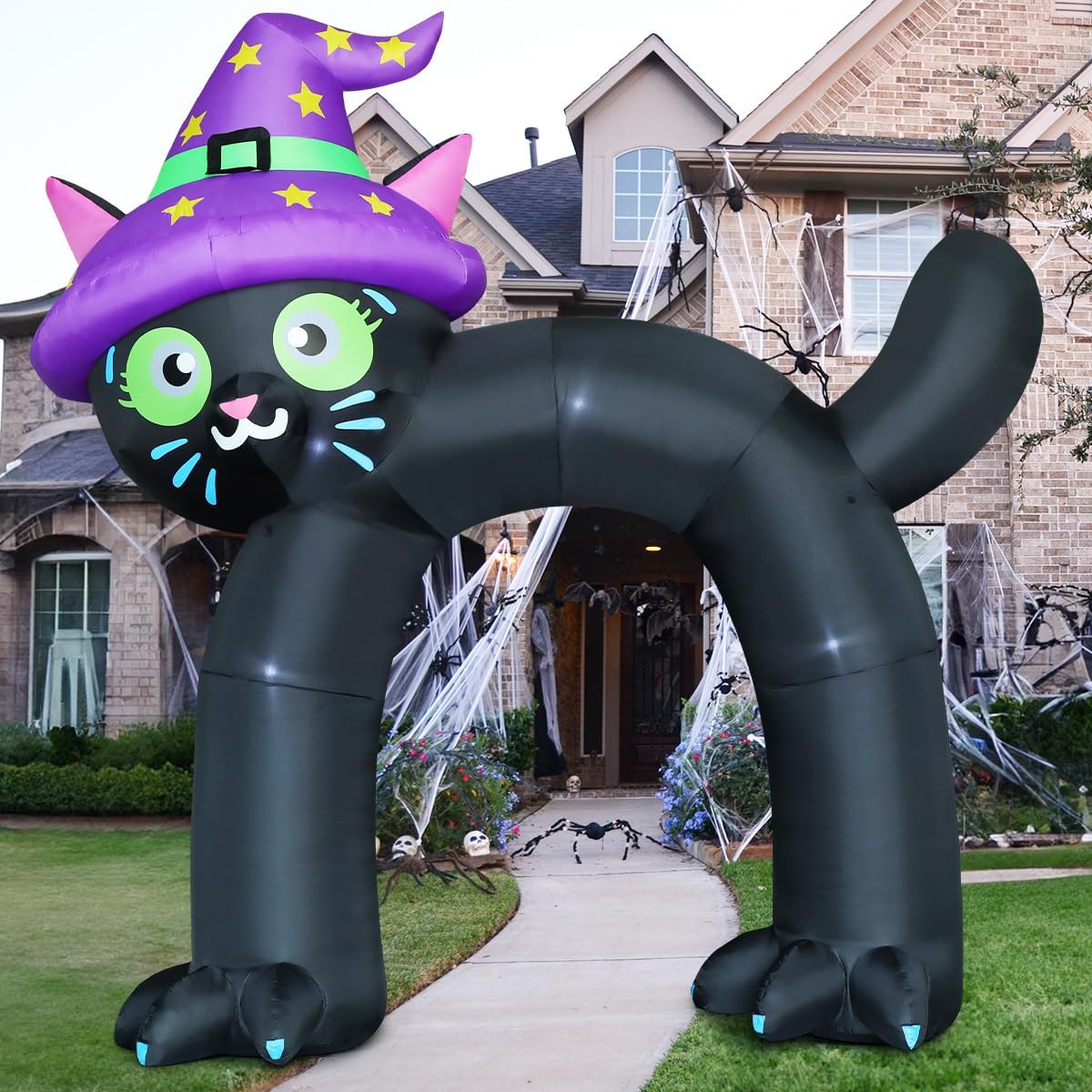 COMIN 14FT Halloween Inflatables Outdoor Decorations Black Cat Arch Blow Up Y...