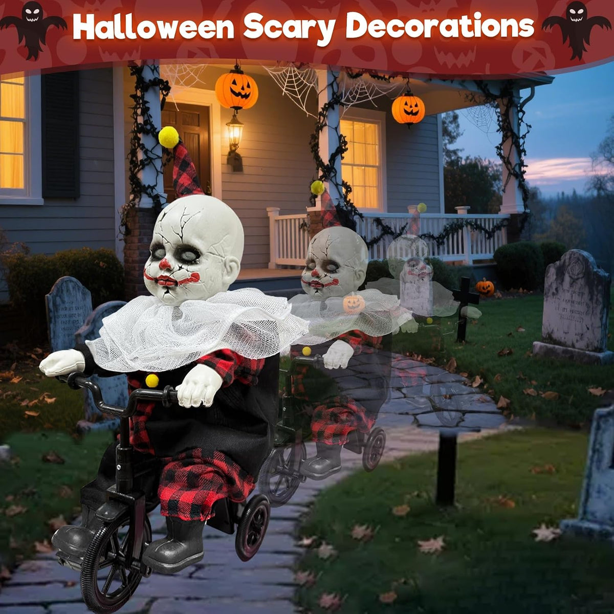 Halloween Animatronic 15.5โ Clown Ride on Bicycle Moving Back and Forth