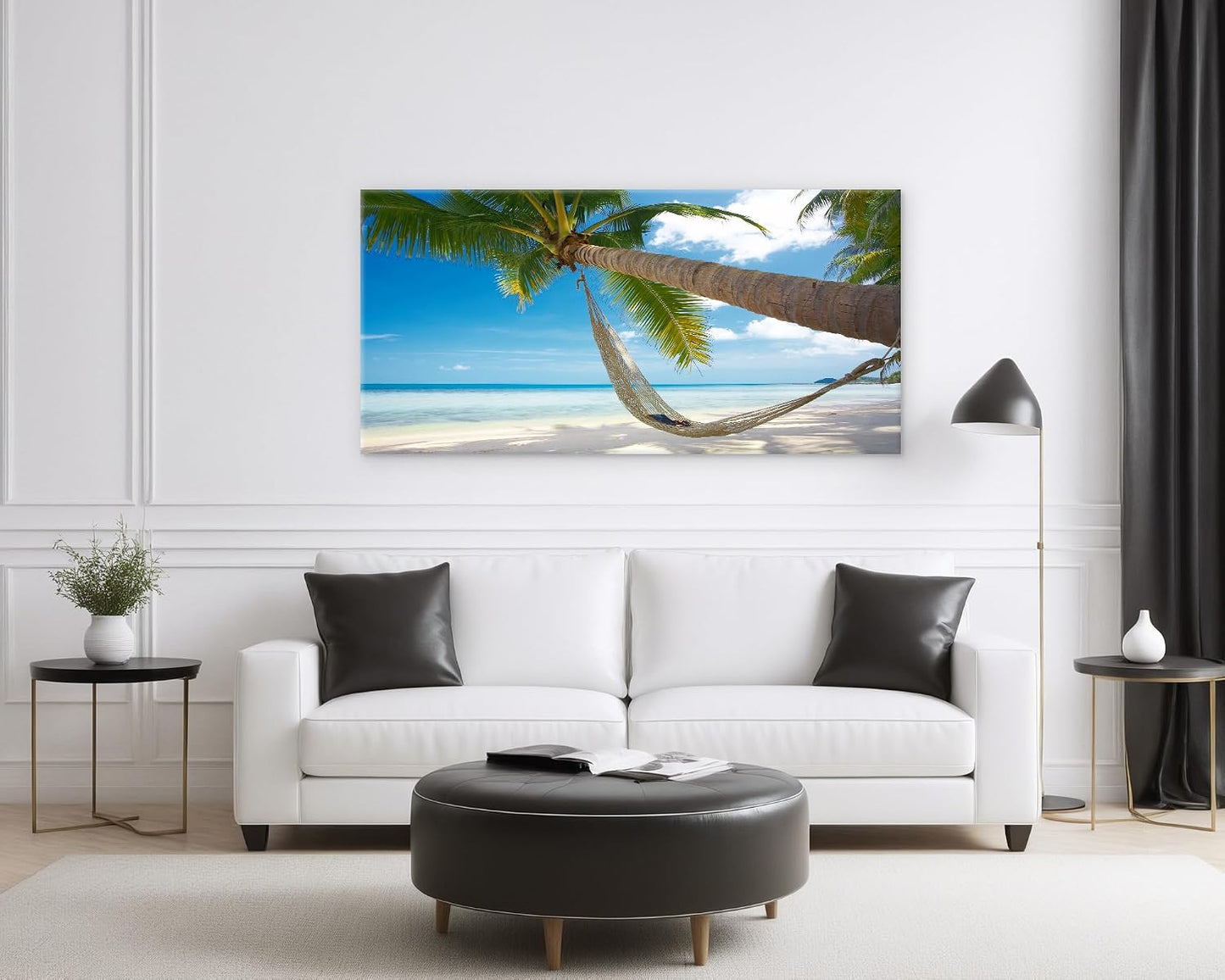 Muolunna BK6850 Beach Wall Art Canvas Prints - Tropical Palm Tree Hammock Seascape Picture Ocean Landscape Artwork for Living Room Bedroom Bathroom Office Home Decor, Large Framed 20x40 inch
