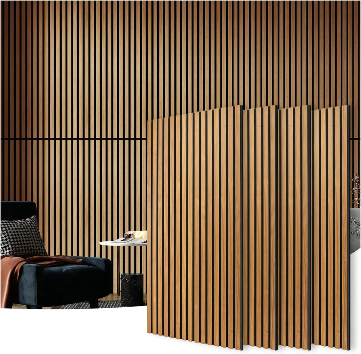 Art3d 4-Pack Fluted Acoustic Wood Slat Wall Panel, 47.2 x 23.6 Inch, Teak