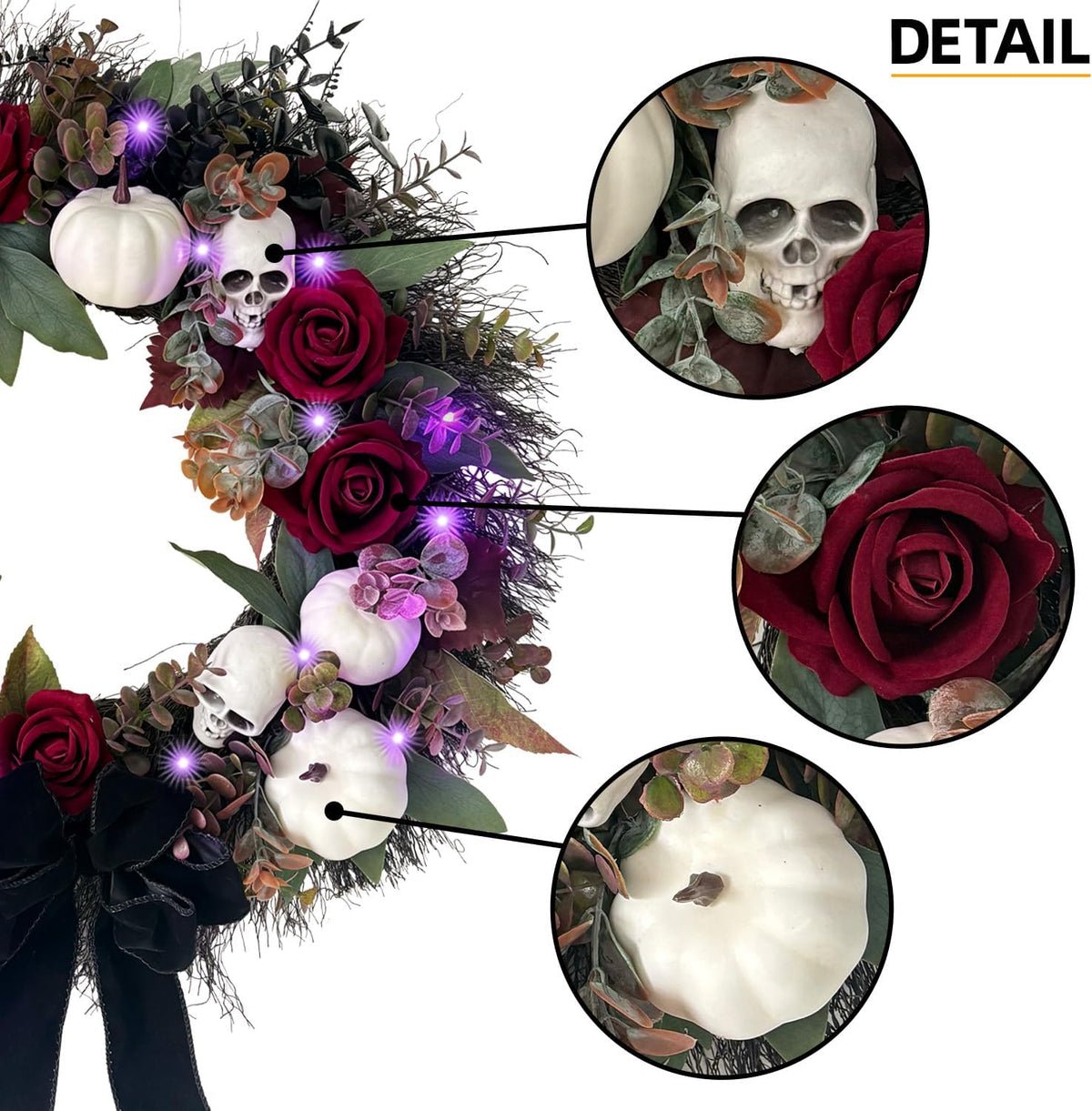 HipTree 20 Inch Gothic Halloween Wreath for Front Door with Purple Lights