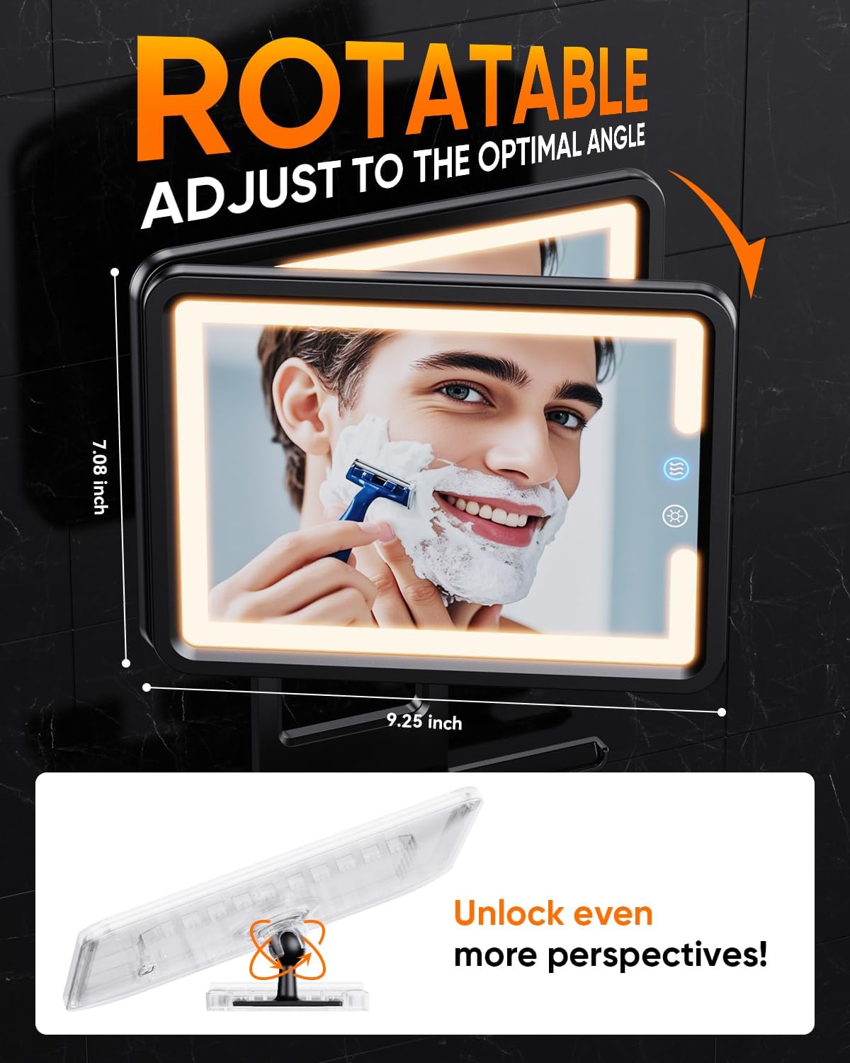 Heated Shower Mirror Fogless for Shaving (Gen 3) - 3 Colors Stepless Dimmable Lights, Anti-Fog Shaving Mirror with Razor Holder, No-Drilling, Removable - Black