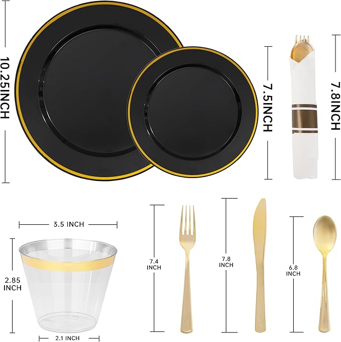 SUT 175 Pcs Black and Gold Plastic Dinnerware Set for 25 Guests, Include: 25 ...