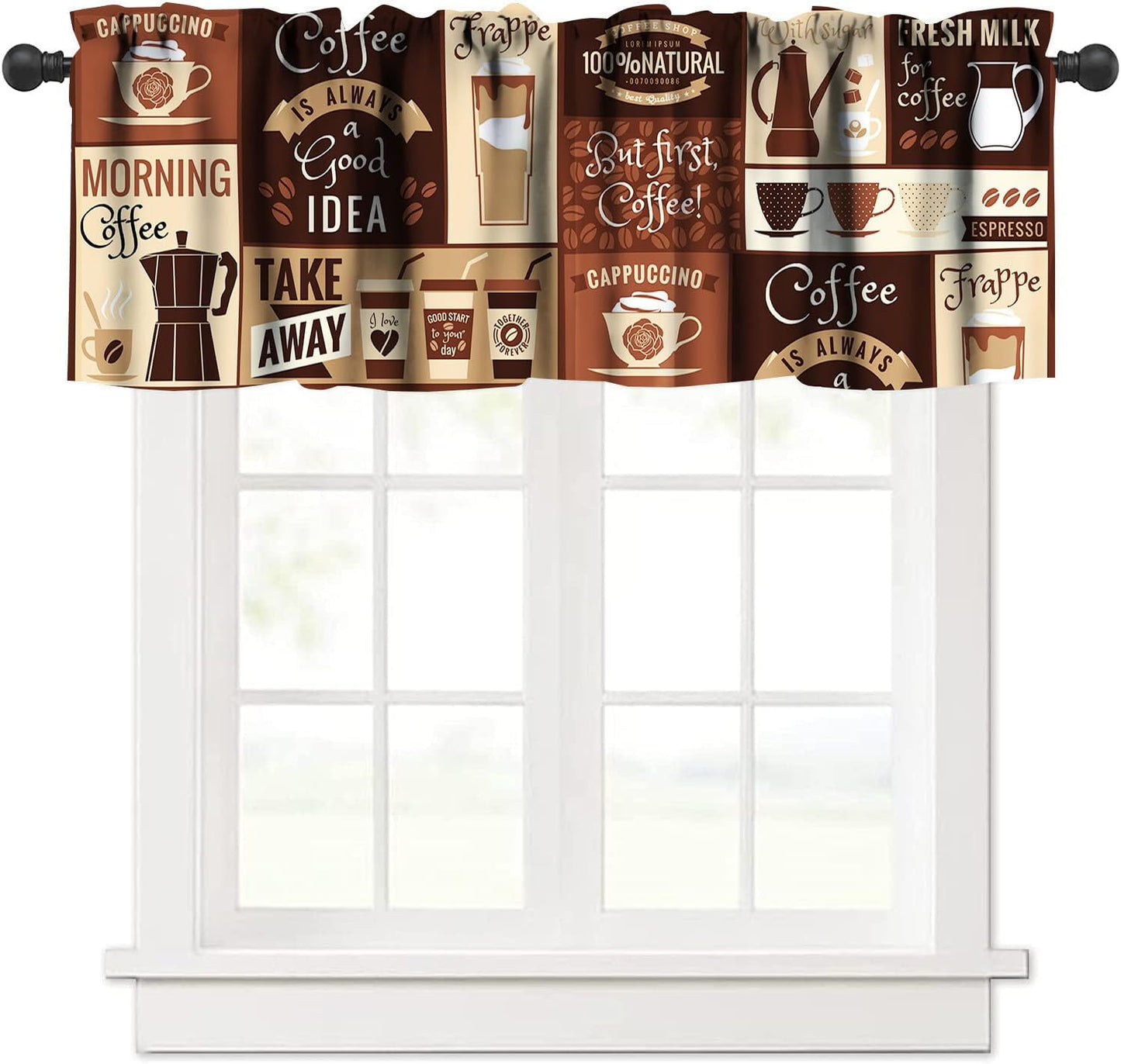 Brown Coffee Theme Kitchen Valance for Window,Rod Pocket Rustic Vintage Latte Cappuccino Cafe Curtains Farmhouse Cafe Beans Drink Decor Modern Art Window Drapes Fabric