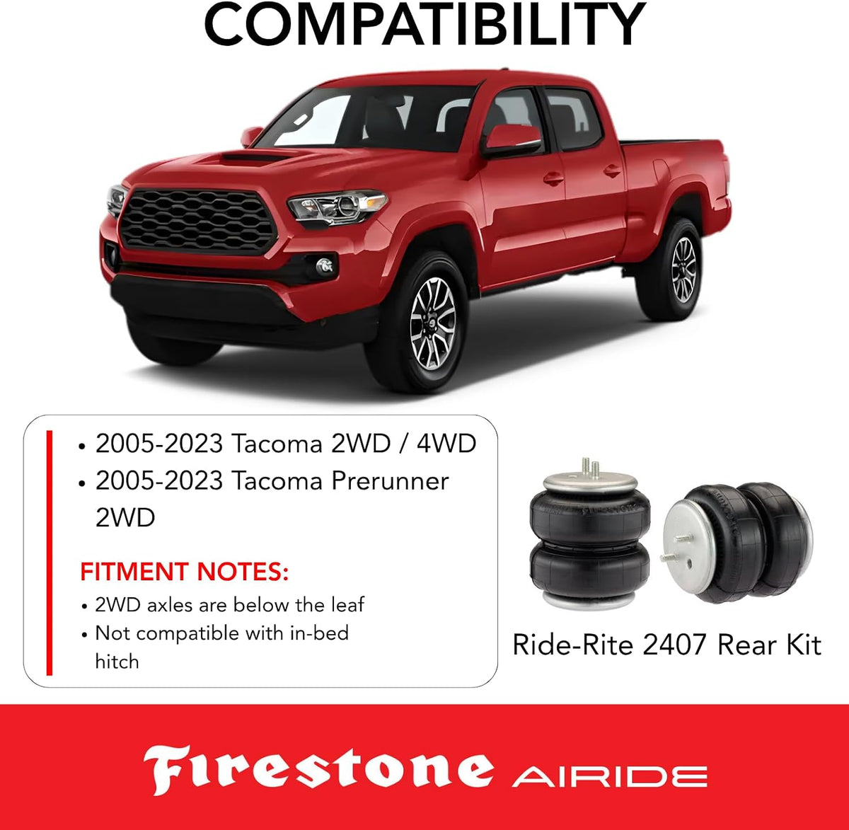 Firestone Airide 2407 Ride-Rite Rear Air Helper Springs Kit fits 2005-2023 Ta...