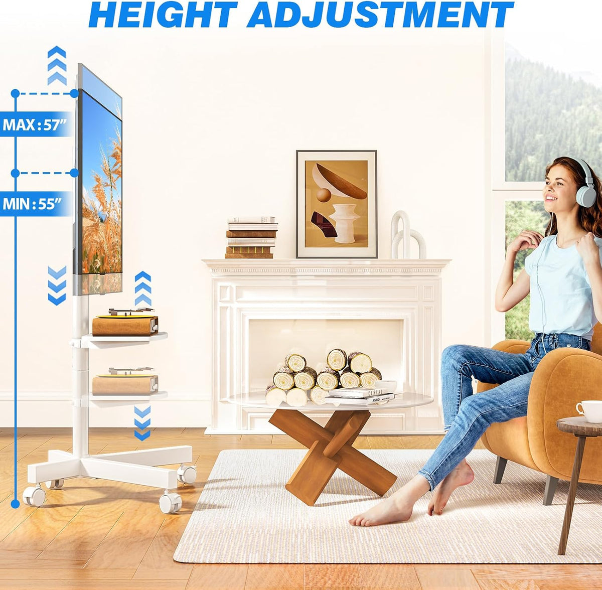Rfiver Mobile TV Stand for 23-65 Inch Flat/Curved TVs up to 88 lbs White