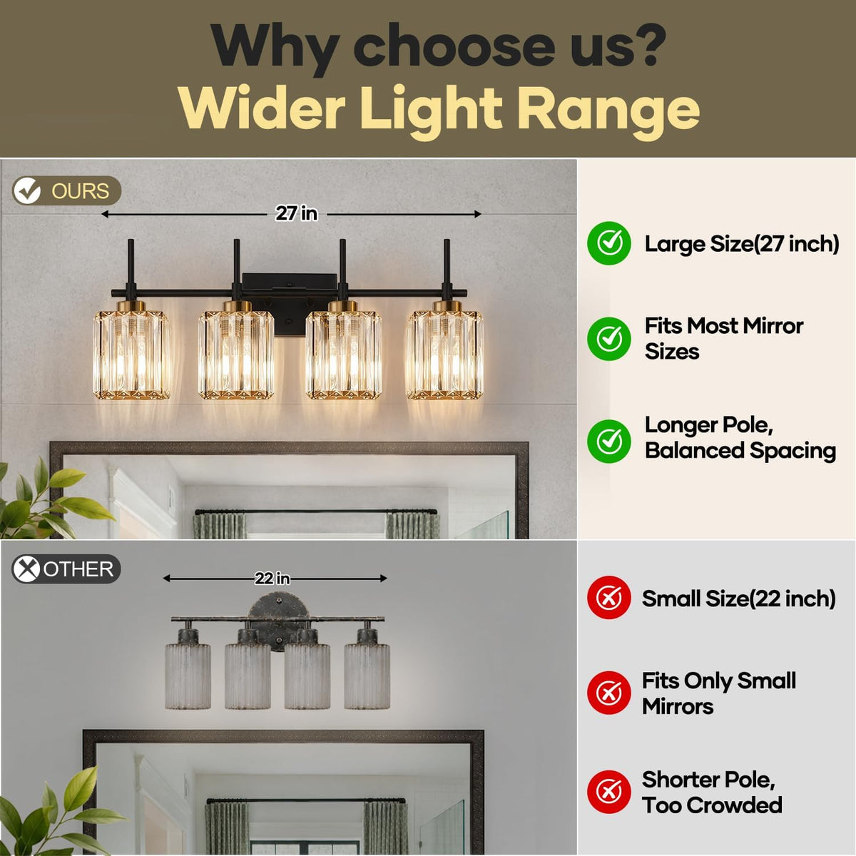 Torondo Modern Crystal Bathroom Vanity Light 4-Lights Gold Bathroom Light Fix...