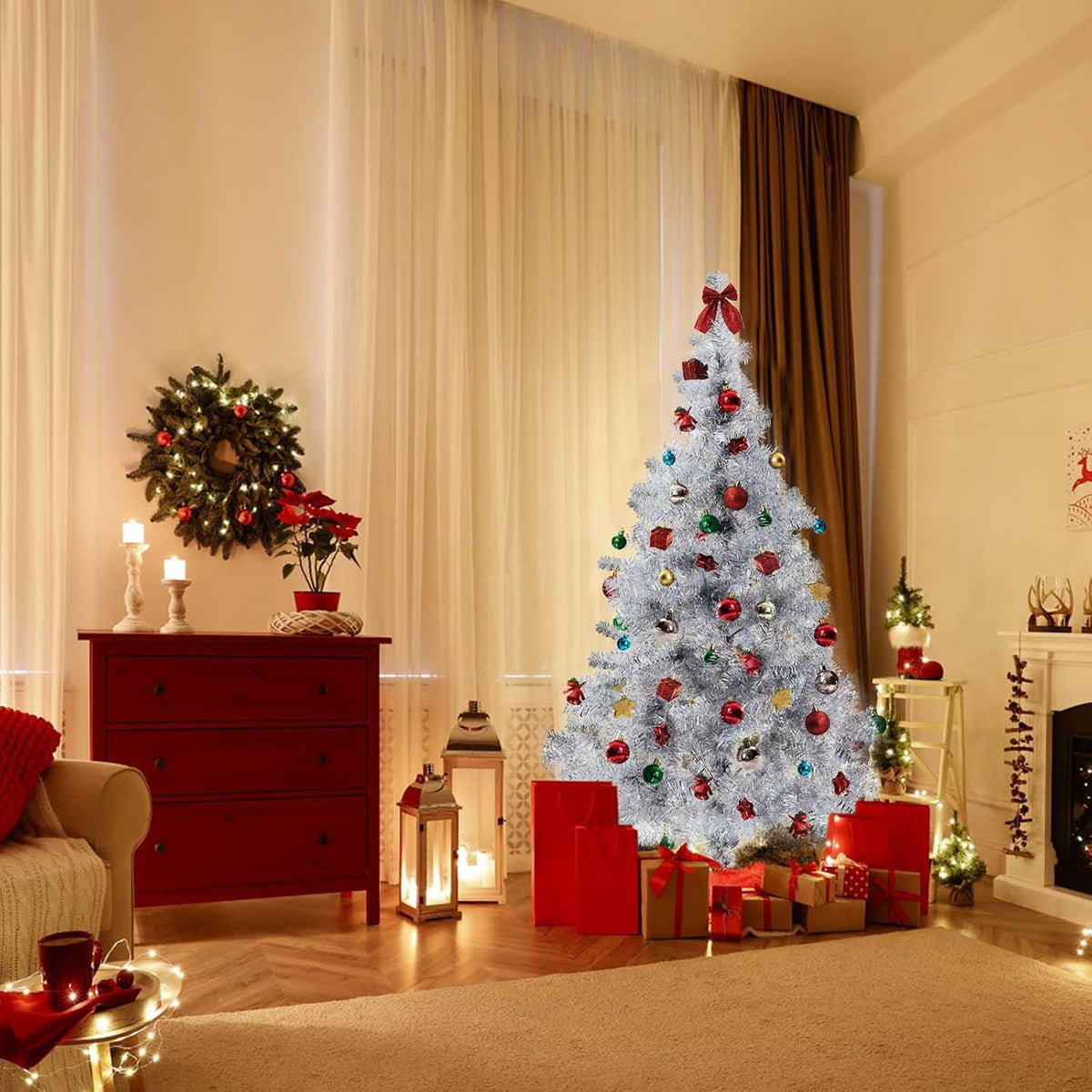 Silver Christmas Tree, 6ft Artificial Tinsel Christmas Tree for Home Decorati...