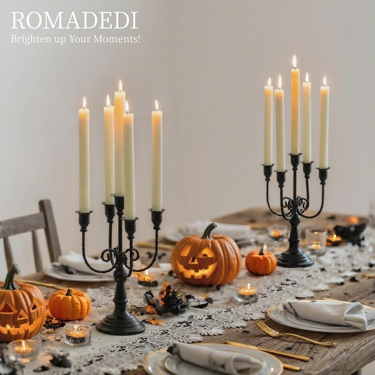Romadedi Halloween Candelabra, Black 5-Arm Candle Holder 11.8", Set of 6
