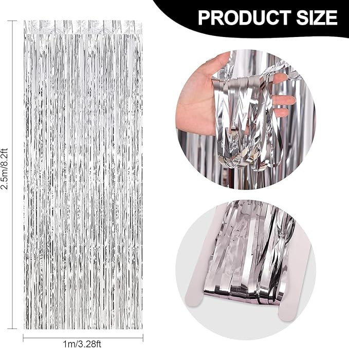 24 Pack Silver Metallic Foil Fringe Curtains, 3.2ft x 8.2ft Foil Fringe Curta...