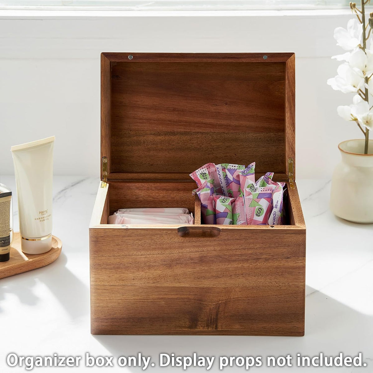 Acacia Wood Tampon Holder for Bathroom, Feminine Product Organizer with Hinge...