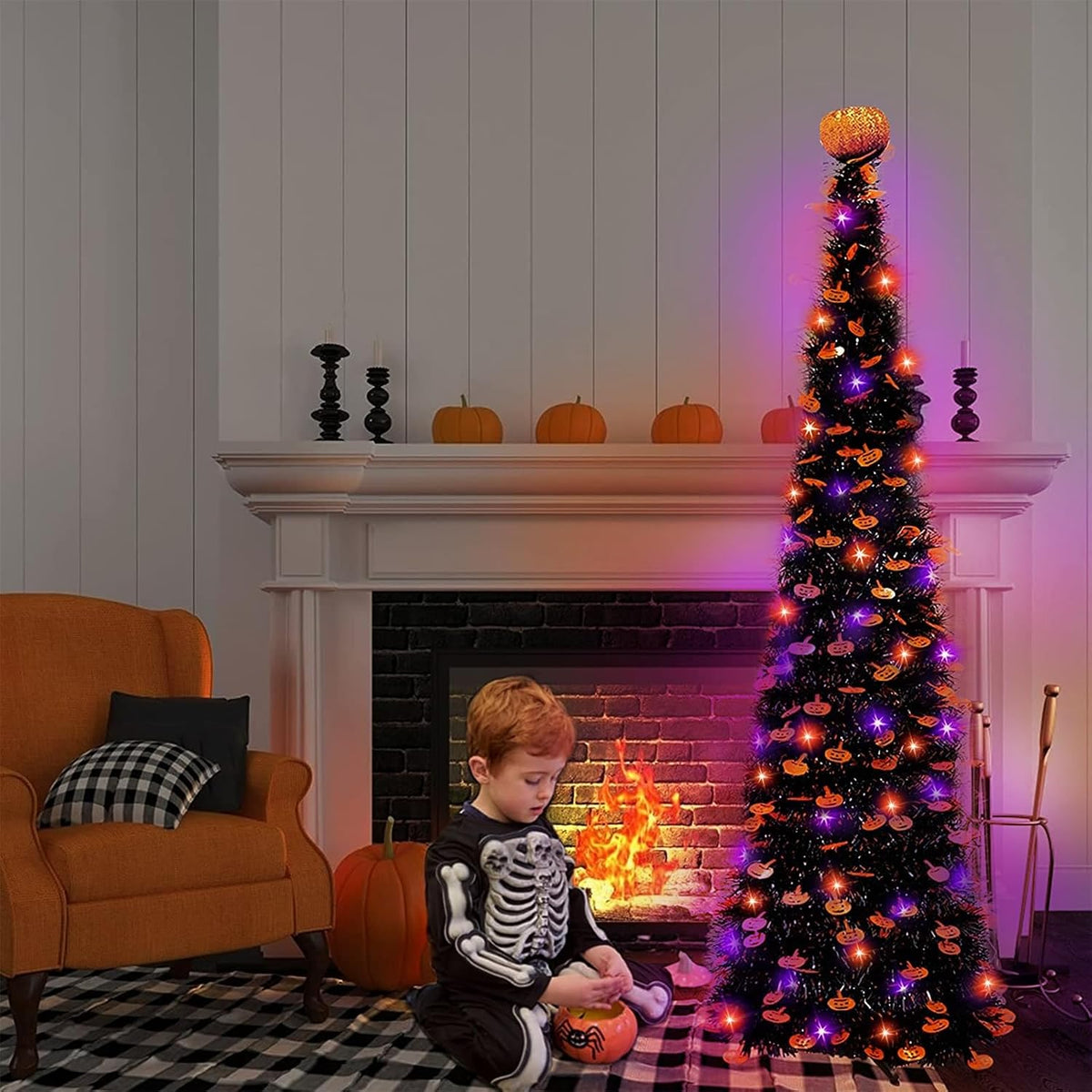 TURNMEON 5Ft Black Tinsel Halloween Tree with Lights Halloween Decorations