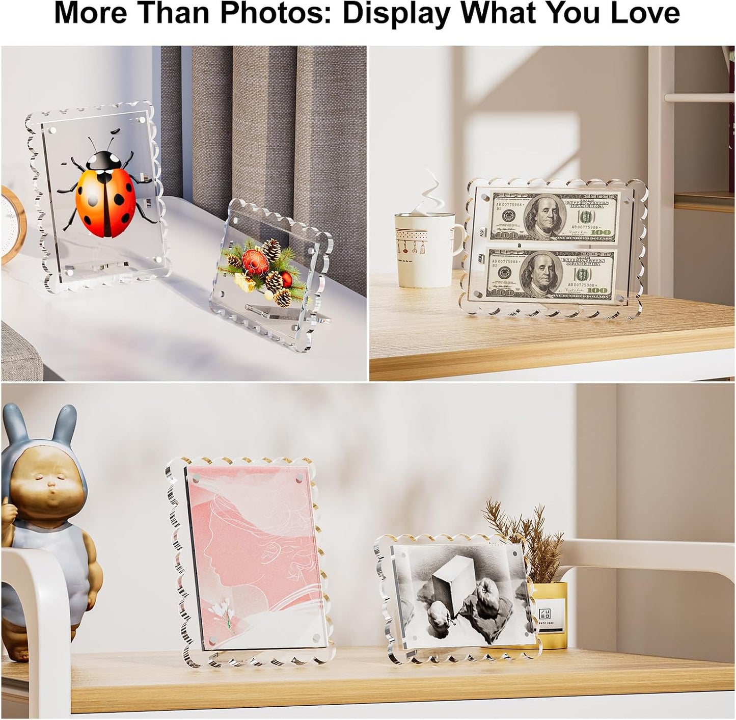 HELPLEX 8x10 Clear Acrylic Picture Frames with Scalloped Edges, 3-Pack Magnetic Frame with Stand for Horizontal or Vertical Display, Tabletop or Desk Photo Holder