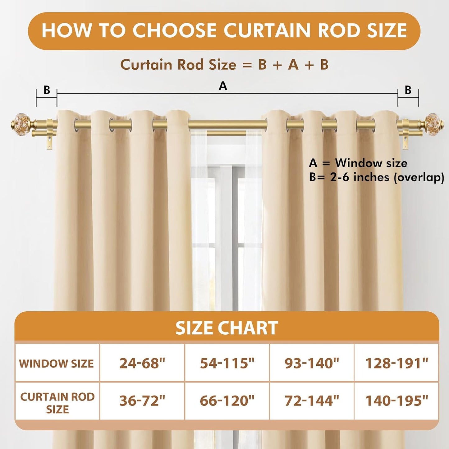 Double Curtain Rods for Windows 72 to 144, Luxury Gold, 1 Inch | Double Layer Window Treatment Rods, Decorative Crystal Ball Finials, Heavy Duty Adjustable Pole, Supports 33lbs, Easy Install