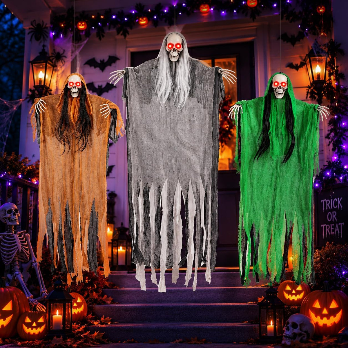 3 Pack Halloween Hanging Skeleton Ghost Decorations with Light Up Red Eyes