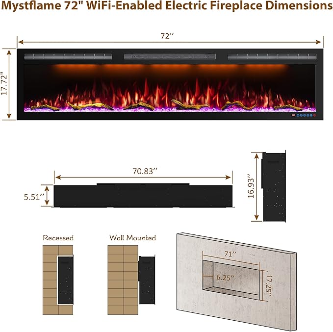 72 Inch WiFi-Enabled Electric Fireplace Inserts & Wall Mounted, Slim Electric - Image 6