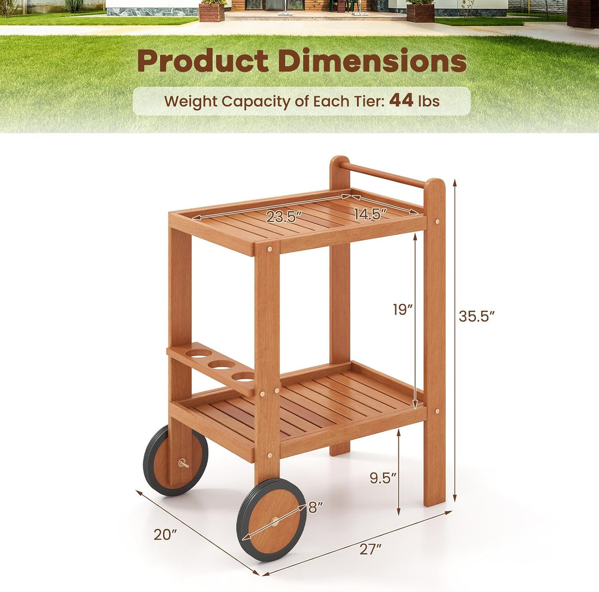 Tangkula 2-Tier Rolling Bar Cart with Rubber Wheels, Natural